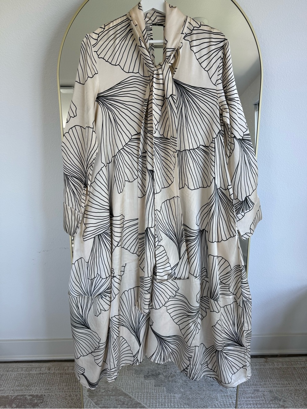 COS Cream and Black Floral Tie-Neck Long Sleeve Dress